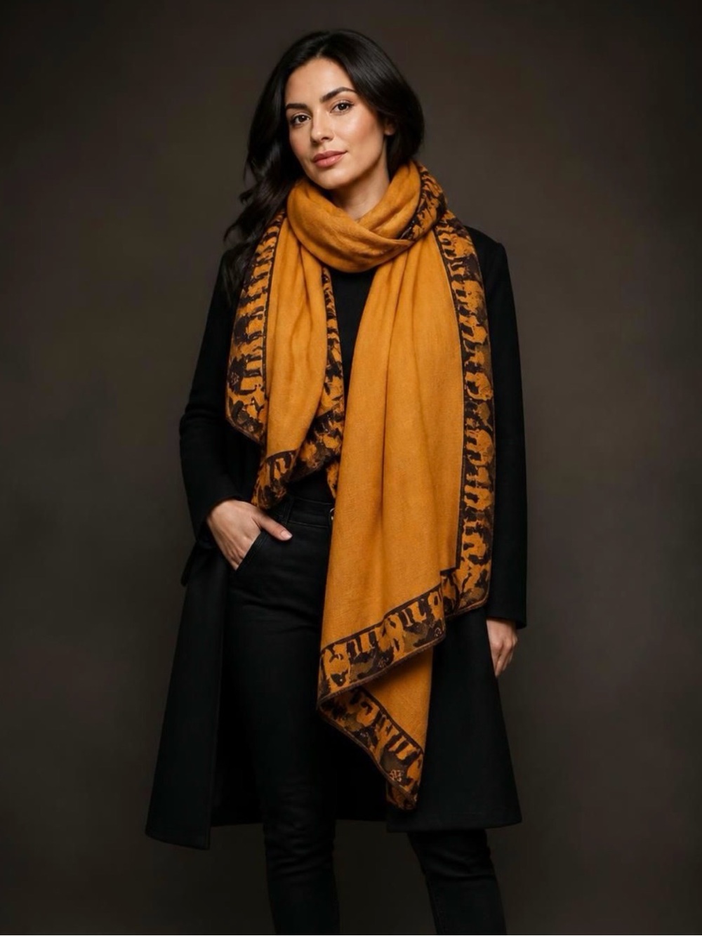 Black and Gold Elephant Border Runner, Scarf, Shawl, Wrap Skirt